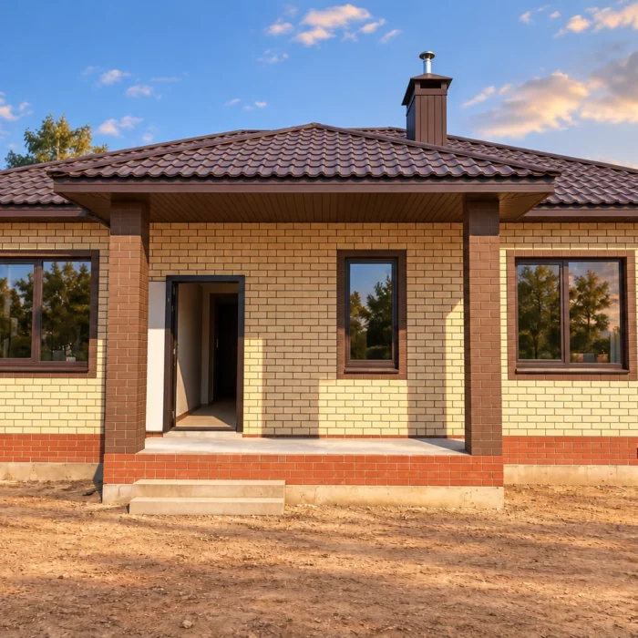 Визуализация одноэтажного кирпичного дома 87 м² с крыльцом в Айше