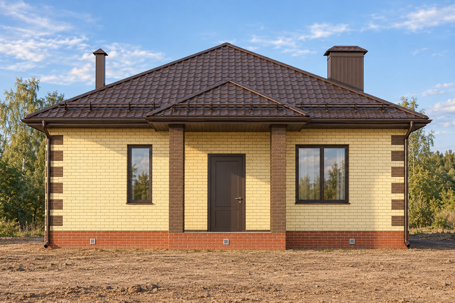 Главный фасад кирпичного дома 81 м² в Октябрьском — визуализация проекта
